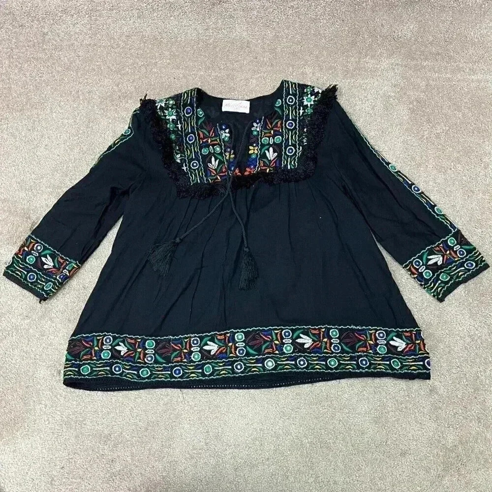 Miss June Blouse Women’s Black Embroidered Floral Long Sleeve Medium Tasseled